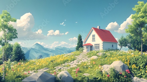 An Idyllic Low Poly Home at the Summit of Reen Hill with a Captivating View of the Lush Landscape photo