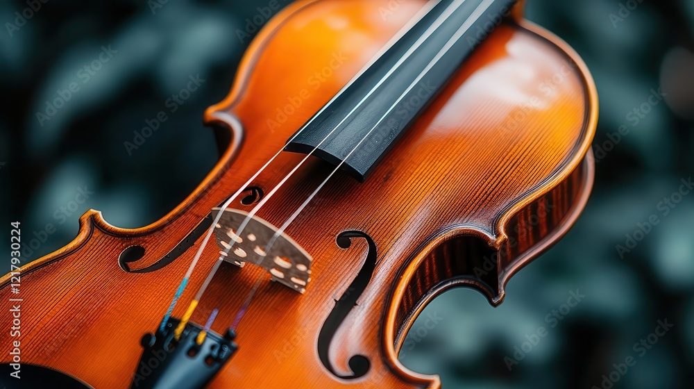 Violin and bow on stand, close-up of violin strings and bow resting, soft lighting Violin and bow on stand, close-up of violin strings and bow resting, soft lighting