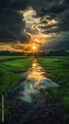Dramatic and moody sunset landscape with beautiful cloudy sky golden light and a serene rural field with a puddle reflecting the dramatic scenery