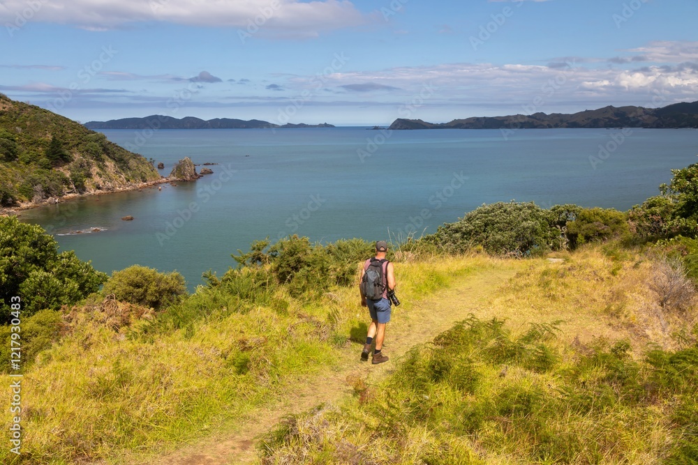 Hiker with camera, exploring coastal trail, scenic New Zealand landscape. Mahinepua Peninsula, Kaeo, Northland, NZ Hiker with camera, exploring coastal trail, scenic New Zealand landscape. Mahinepua Peninsula, Kaeo, Northland, NZ