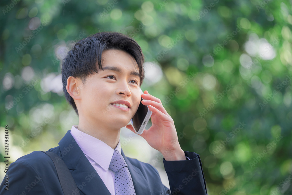 Young 20-something businessman talking on his phone outdoors Image of recruiting, job hunting, etc. Business-like image of fresh blue-green Young 20-something businessman talking on his phone outdoors Image of recruiting, job hunting, etc. Business-like image of fresh blue-green