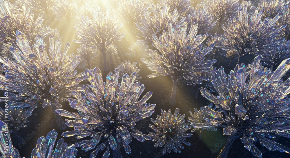Obraz premium A crystalline forest with trees made of translucent glass, refracting sunlight into rainbow colors
