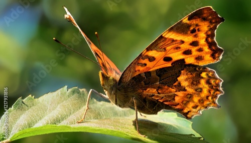 closeup of a comma butterfly polygonia c album sitting on a leaf photo