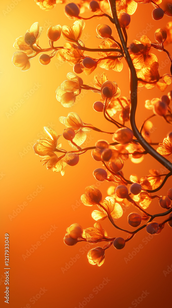 Fototapeta premium Tree branch with vibrant buds glowing in warm sunlight, slightly off-center with open negative space at the top for text. Ideal for mobile wallpapers or vertical ads.