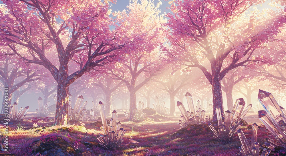 Obraz premium A crystalline forest with trees made of translucent glass, refracting sunlight into rainbow colors