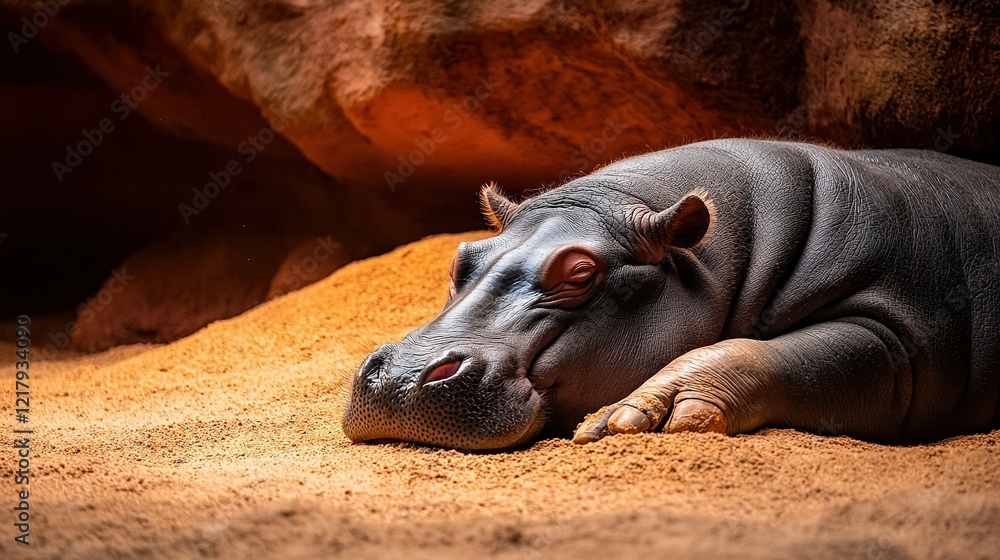 A hippo rests on the sand, its head touching the ground A hippo rests on the sand, its head touching the ground