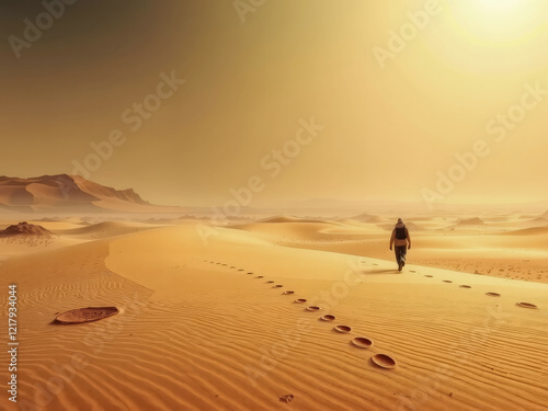 A man is walking across a desert with a sun in the background. The desert is vast and empty, with no other people or objects in sight. The man is alone, and the scene gives off a sense of solitude