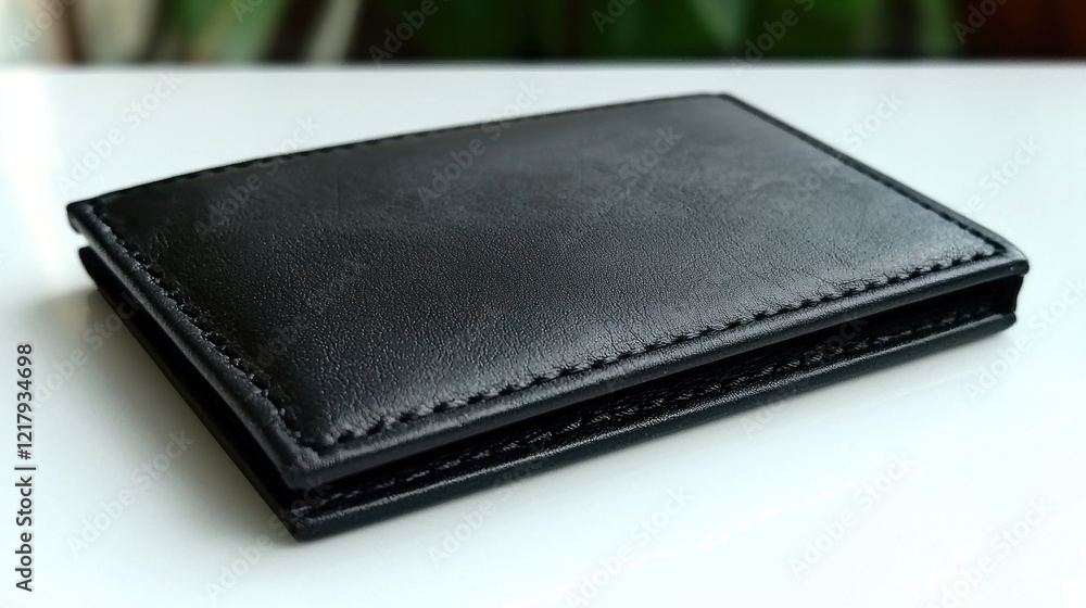 Black Leather Card Holder, Closeup, Desk, Blurred Background, Business Black Leather Card Holder, Closeup, Desk, Blurred Background, Business