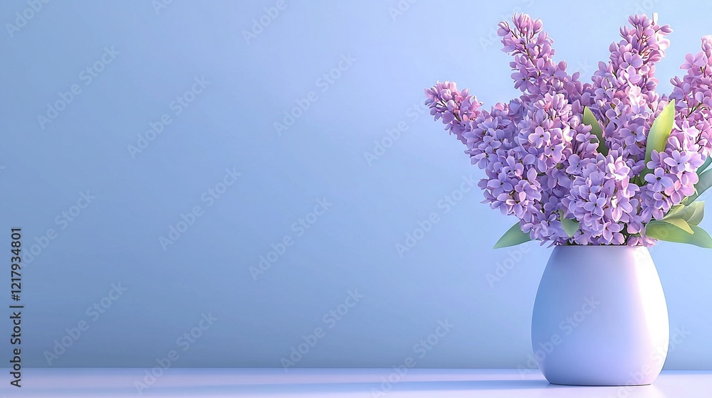 Fototapeta premium A blue vase overflowing with vibrant purple blossoms graces a pristine white countertop, set against a serene blue backdrop