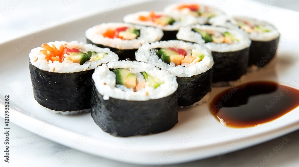 White plate of vegan sushi rolls arranged in a neat row with a side of soy sauce White plate of vegan sushi rolls arranged in a neat row with a side of soy sauce
