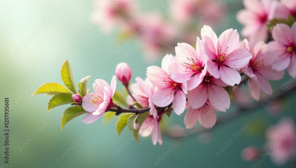 Full bloom of a sakura tree with green foliage, branch, blossom Full bloom of a sakura tree with green foliage, branch, blossom