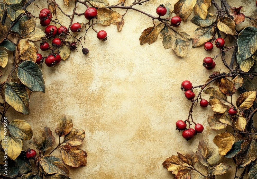 Fototapeta premium Natural Autumn Frame with Ripe Berries and Dried Leaves on Textured Background for Seasonal and Festive Themes