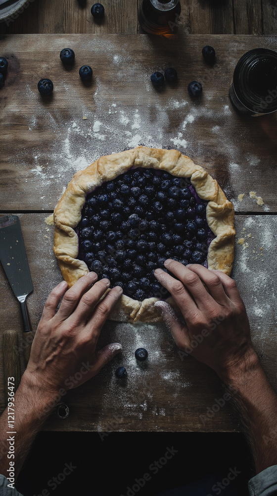 Making blueberry galette from above vertical