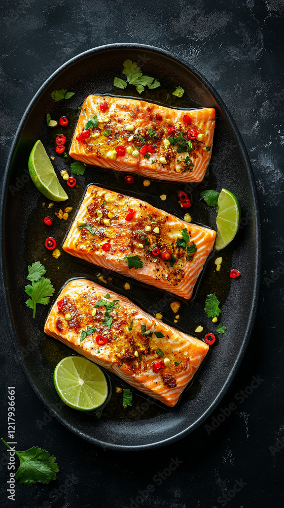 Salmon with a chili, garlic and lime sauce vertical