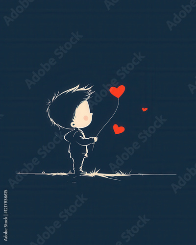 valentines day child holding red heart balloon in minimalist art style