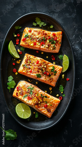 Obraz na płótnie Salmon with a chili, garlic and lime sauce vertical w salonie
