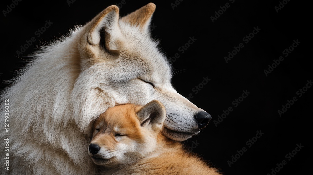 Arctic wolf cuddling pup, dark studio, nature Arctic wolf cuddling pup, dark studio, nature