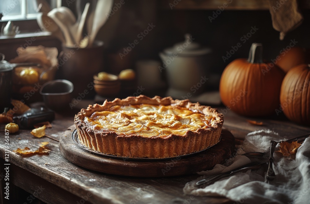Rustic Autumn Bakery Scene Featuring a Freshly Baked Apple Pie Surrounded by Seasonal Decorations and Soft Natural Light in a Cozy Kitchen Setting Rustic Autumn Bakery Scene Featuring a Freshly Baked Apple Pie Surrounded by Seasonal Decorations and Soft Natural Light in a Cozy Kitchen Setting