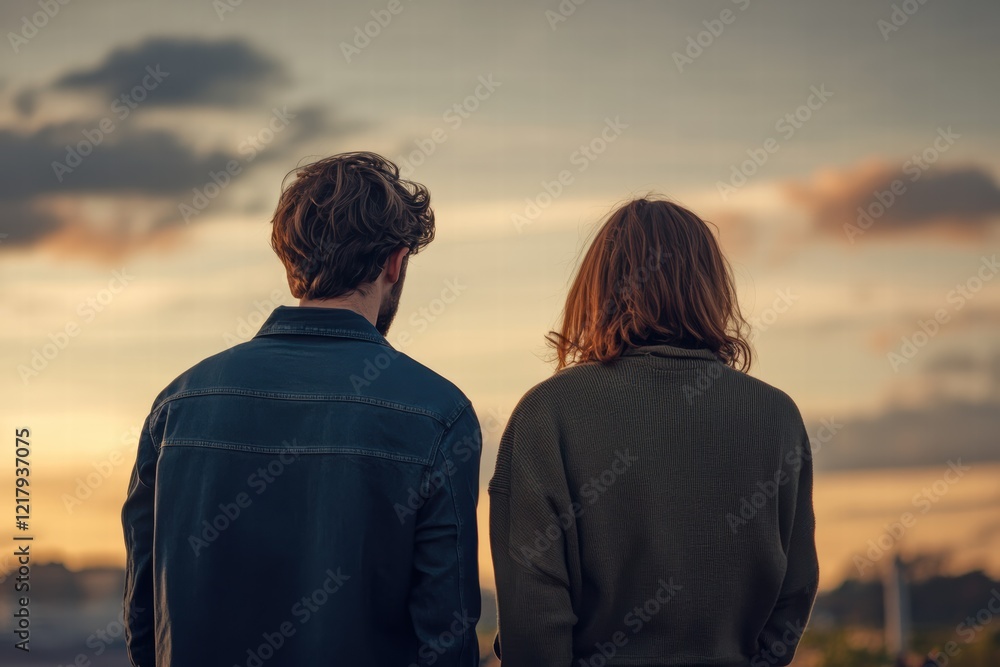 Couple standing with their backs to each other during sunset at an outdoor location Couple standing with their backs to each other during sunset at an outdoor location