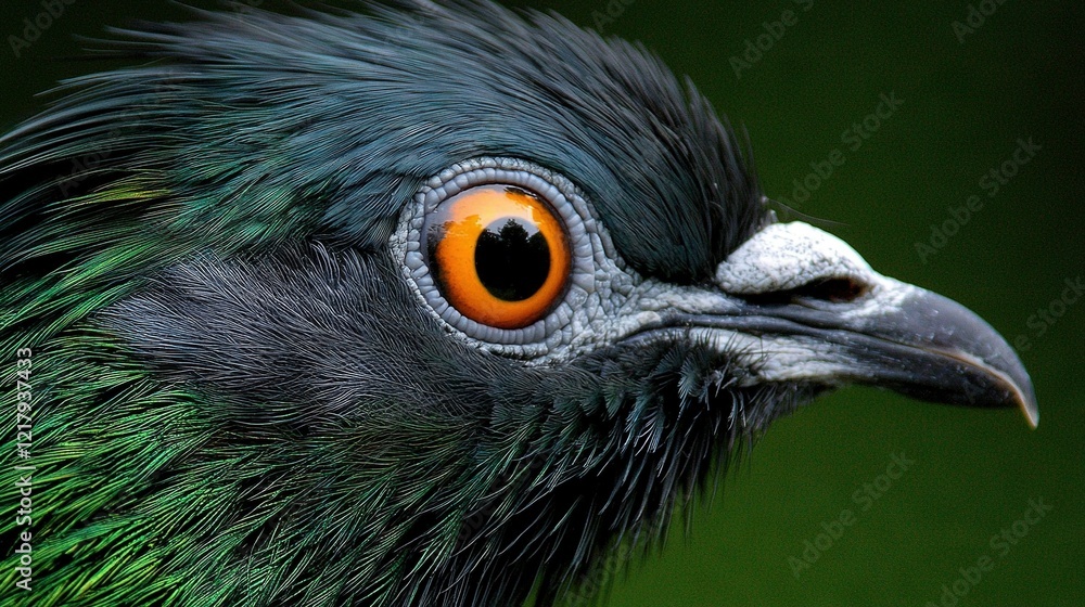 Fototapeta premium a bird's head, displaying its green and black feathers along with an orange-colored eye