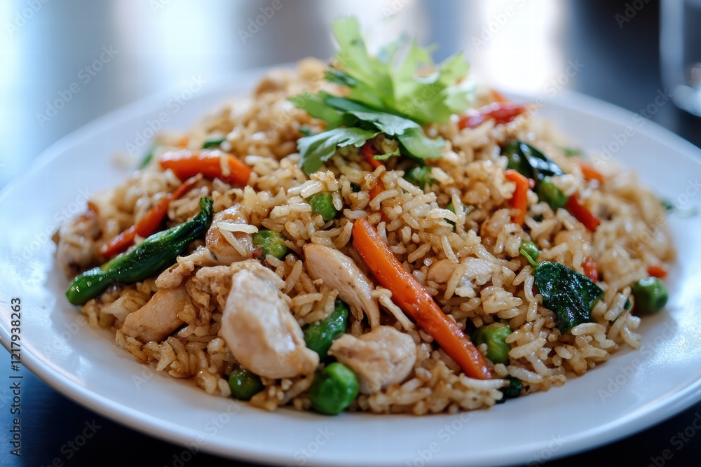 Satisfying Asian style fried rice with mixed vegetables and tender chicken pieces Satisfying Asian style fried rice with mixed vegetables and tender chicken pieces