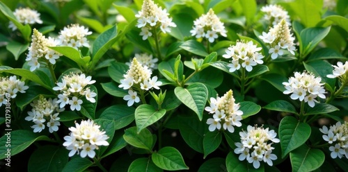 Full-grown Spiraea vanhouttei hedge with white flowers, garden, full grown, plant life