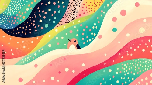 Joyful bird nestled in vibrant swirling rainbow hills. AI Generated