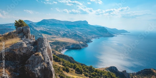 An expansive view of a breathtaking coastline and blue sea. photo