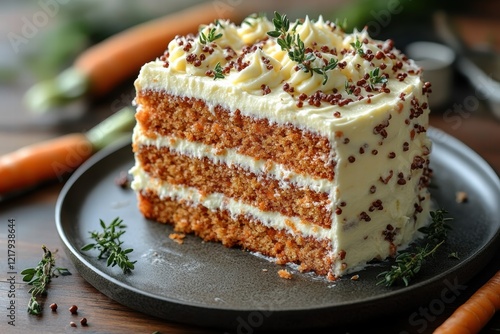 Wallpaper Mural Layered carrot cake with yogurt-based cream and fresh herbs on a rustic wooden table Torontodigital.ca