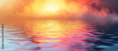 Stunning sunset landscape with a breathtaking view of the ocean horizon and dramatic colorful clouds reflecting on the calm serene waters  A tranquil peaceful and beautiful natural scene