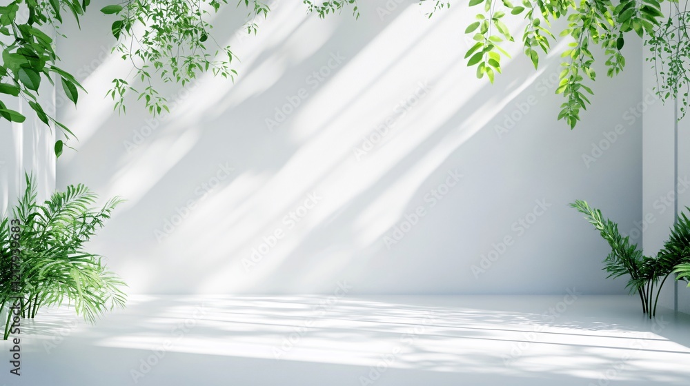 Obraz premium Empty room with plants casting shadows on white wall and floor