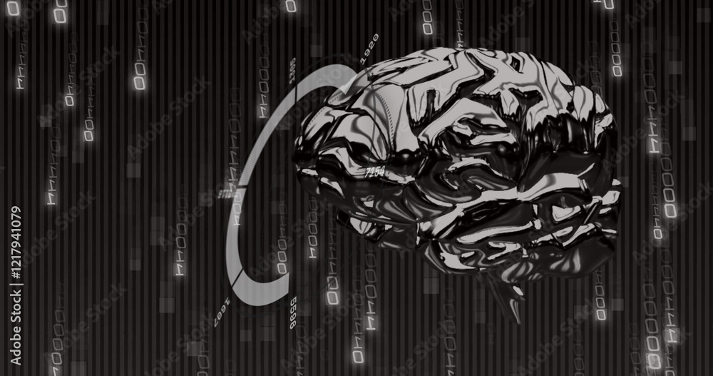 Obraz premium Image of binary coding and data processing with human brain over black background