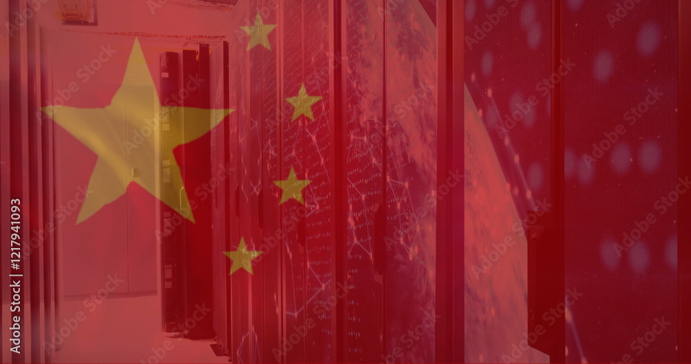 Fototapeta premium Image of flag of china and digital data processing over computer servers