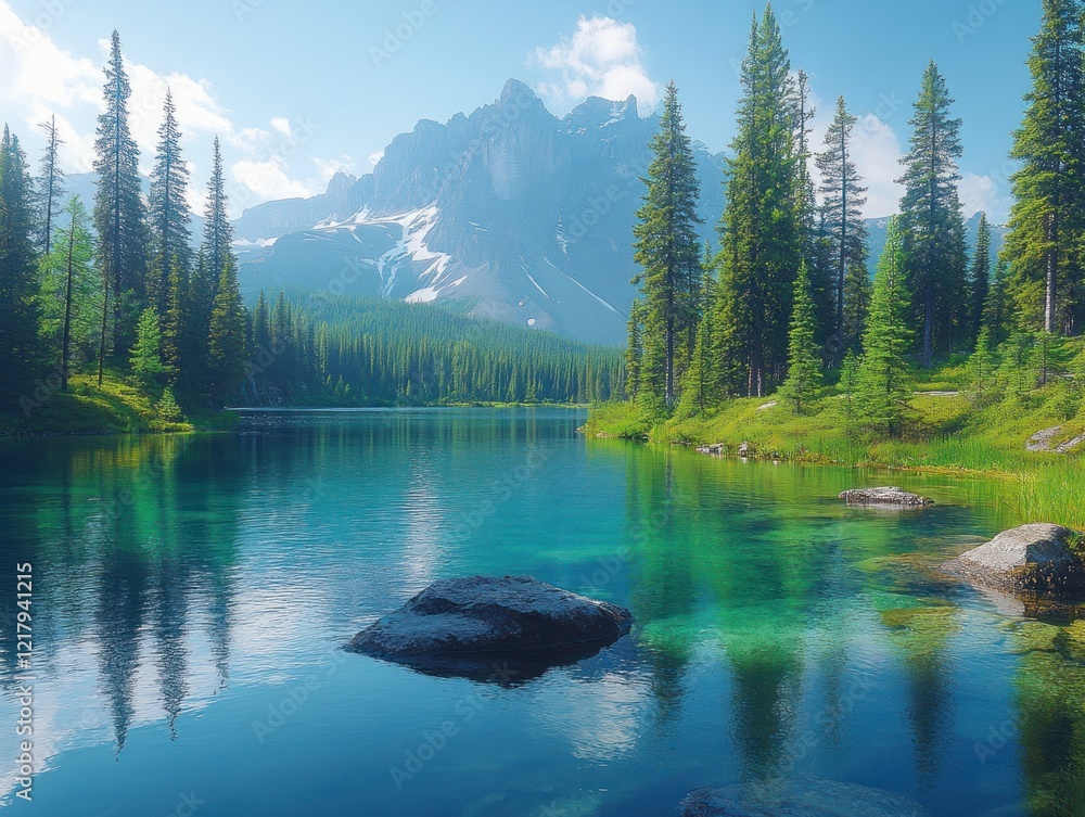 Naklejka premium Majestic Mountains and Crystal Clear Lake Surrounded by Lush Green Pine Trees