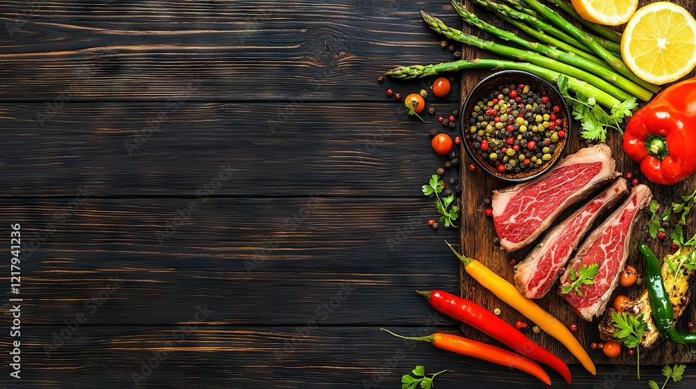 A wooden cutting board with meat and vegetables next to a seasoning bowl A wooden cutting board with meat and vegetables next to a seasoning bowl