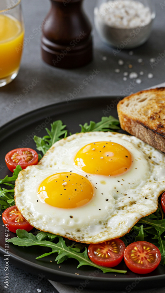 A breakfast plate featuring sunny-side-up eggs, cherry tomatoes, arugula, and toast. Vibrant and wholesome, styled with fresh ingredients on a dark plate with warm lighting. A breakfast plate featuring sunny-side-up eggs, cherry tomatoes, arugula, and toast. Vibrant and wholesome, styled with fresh ingredients on a dark plate with warm lighting.