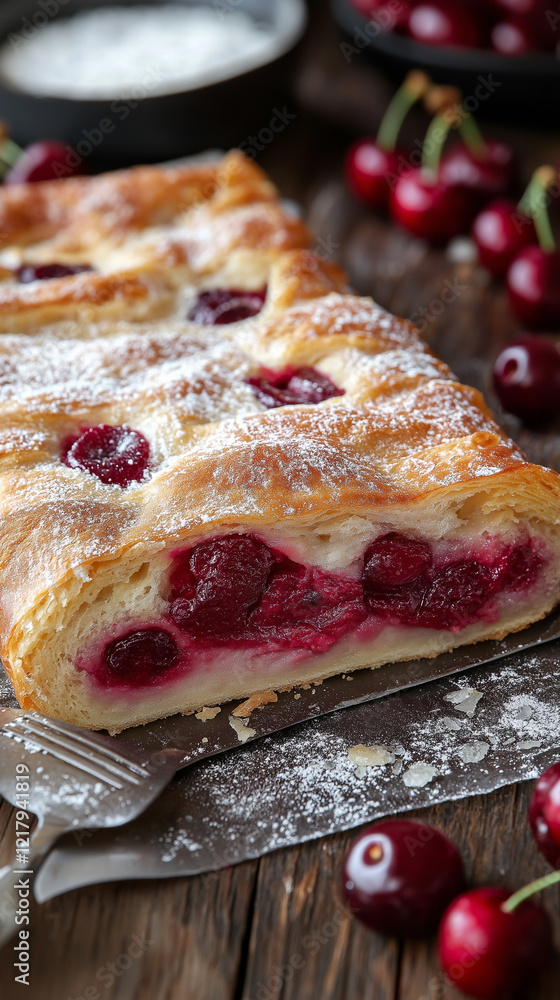 Cherry strudel closeup with fresh fruit vertical