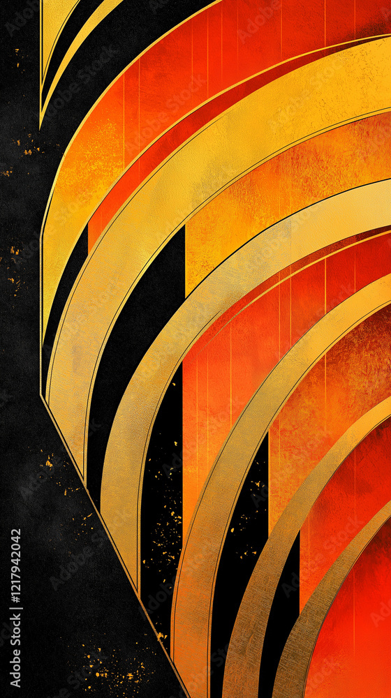 Arcing shapes in orange, gold and black vertical