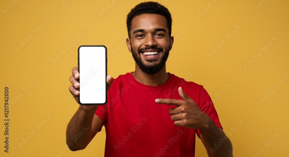 Young man showing smartphone in hand and pointing at it on yellow background
Young man showing smartphone in hand and pointing at it on yellow background