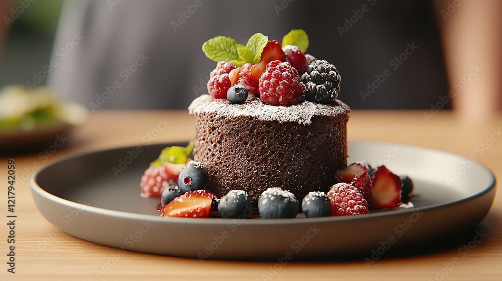Close-up of cake on plate with berries and mint leaves on top, table in background Close-up of cake on plate with berries and mint leaves on top, table in background