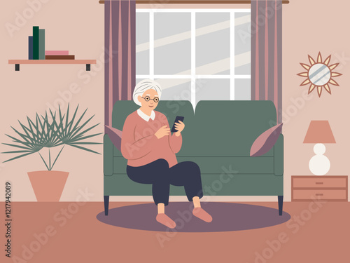 Elderly woman using smartphone sitting on the couch in the living room