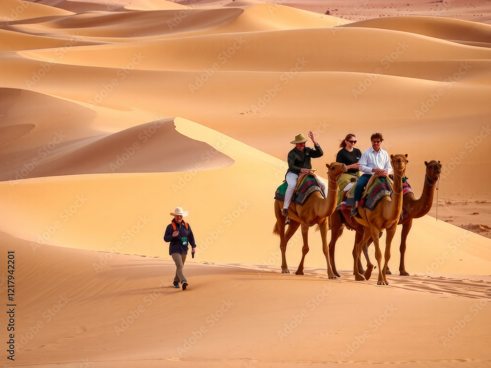 A group of people are riding camels in the desert. The camels are carrying the people across the sand dunes