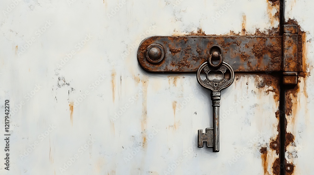 Rustic key hangs on weathered door latch subtly lit. AI Generated Rustic key hangs on weathered door latch subtly lit. AI Generated