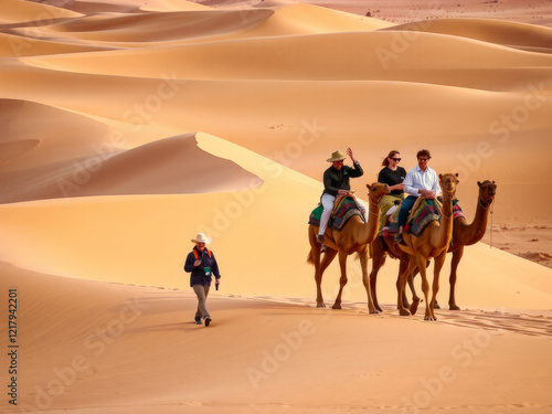 Obraz na płótnie A group of people are riding camels in the desert. The camels are carrying the people across the sand dunes w salonie