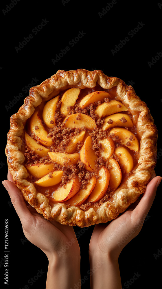 Hands holding a fresh peach pie with streusel topping