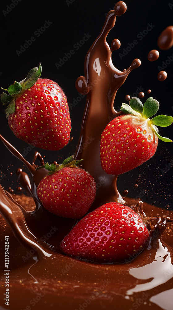 Strawberries falling into a bowl of melted chocolate vertical
