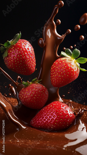 Strawberries falling into a bowl of melted chocolate vertical