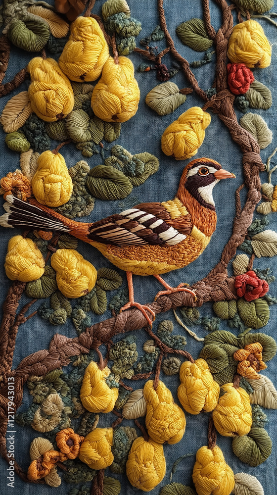 Partridge in a pear tree in embroidery