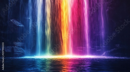 Mesmerizing Colorful Waterfall Cascading Through Natural Landscape with Vibrant Rainbow Reflections on the Rushing Stream Below