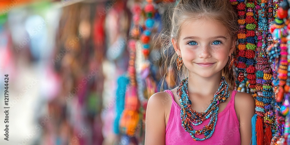 Fototapeta premium A smiling girl with colorful jewelry stands in front of a vibrant backdrop filled with handmade beads and accessories.